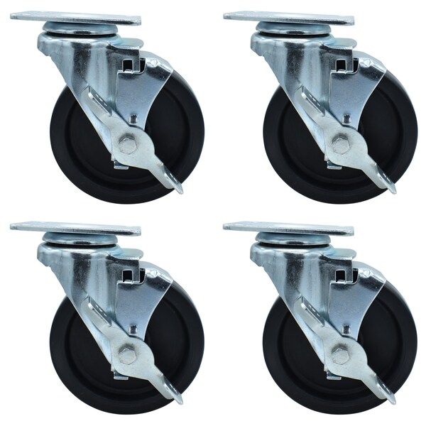 Bk Resources 5-inch Plate Casters, Polyolefin Wheels, Top Lock Brake, 300lb Capacity, 4PK 5SBR-1PT-LDP-PS4 - main